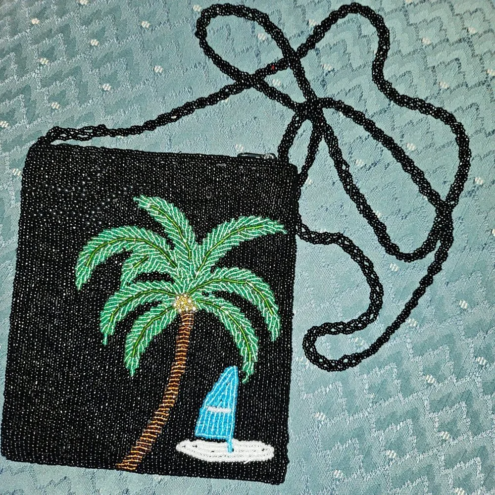 ERMO COLLECTION BEADED CROSSBODY BAG FEATURING PALM TREE and SAILBOAT MOTIF - Picture 2 of 8
